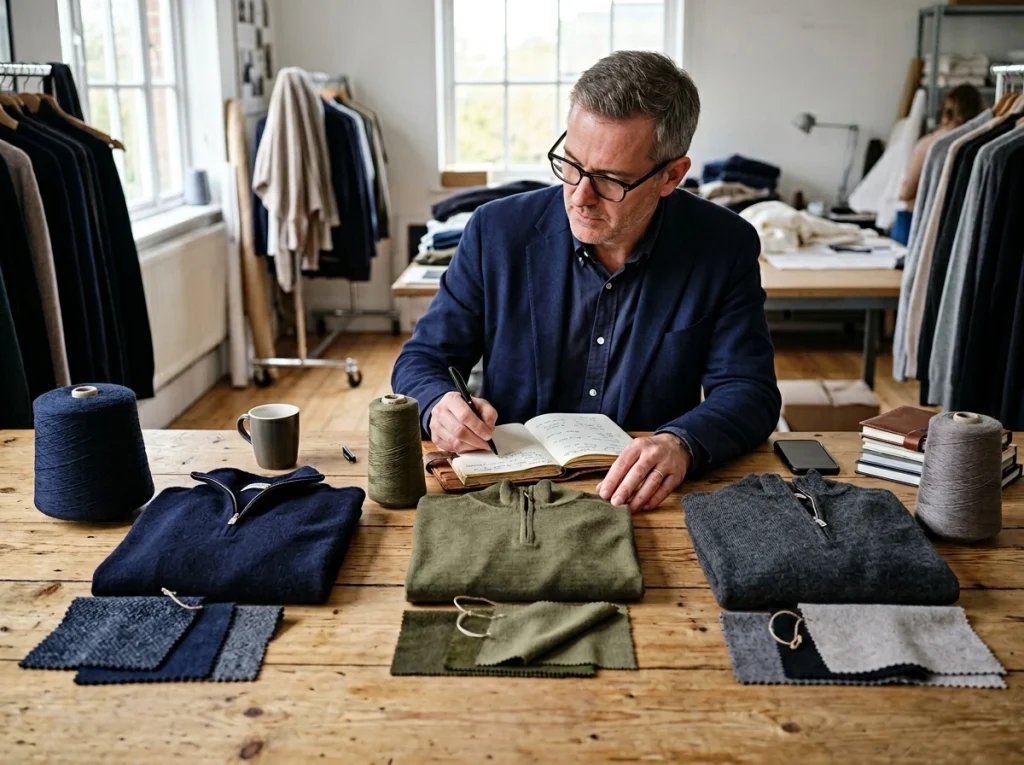 Entry premium, core premium, and luxury capsule yarn options arranged with mens half zip jumper samples.