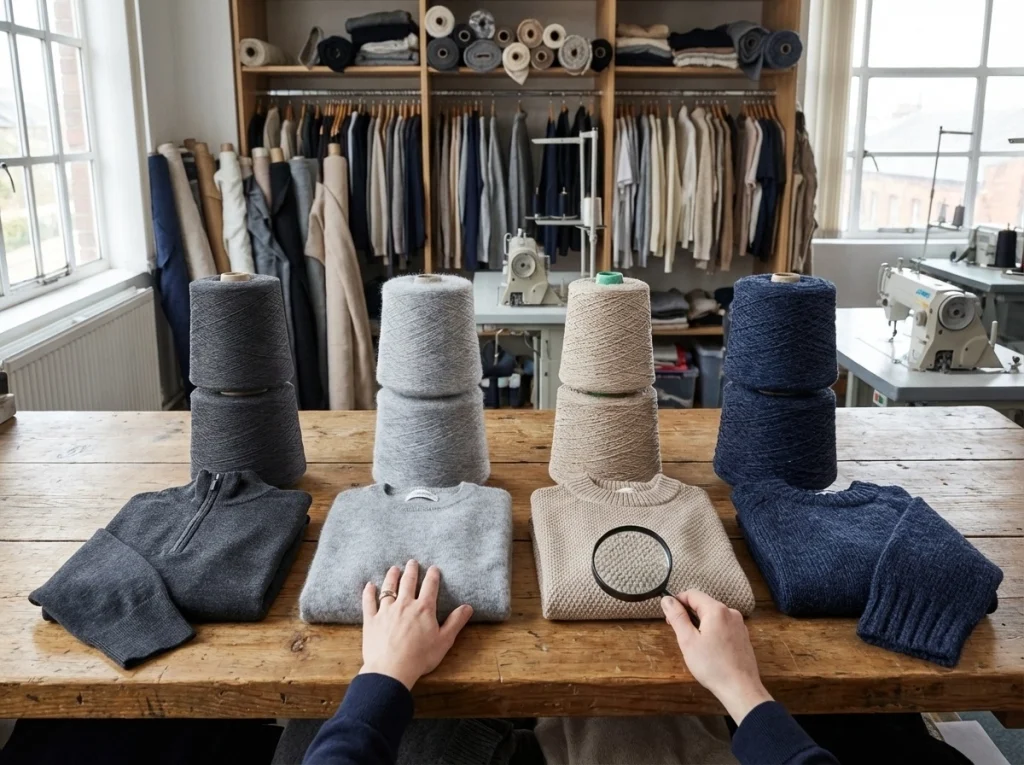 Merino, cashmere blend, cotton blend, and wool blend yarns displayed with half zip sweater swatches for comparison.