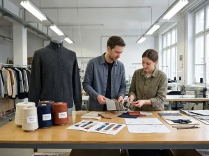 Buyer and knitwear technician comparing yarn cones, zipper trims, and a premium mens half zip jumper sample.