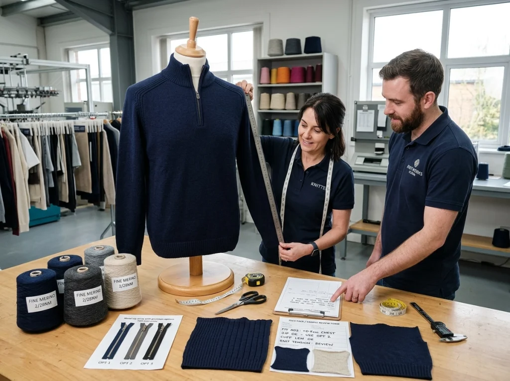 Technicians reviewing a merino men's half zip sweater on a mannequin with yarn cones and construction details in a sample room.