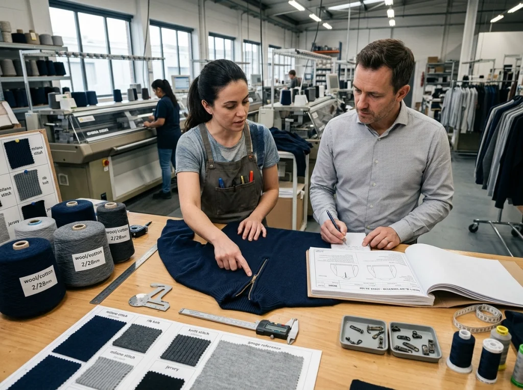 Knitwear technician reviewing a quarter-zip sweater sample with yarn cones, zipper hardware, measuring tools, and a tech pack in a sample room.