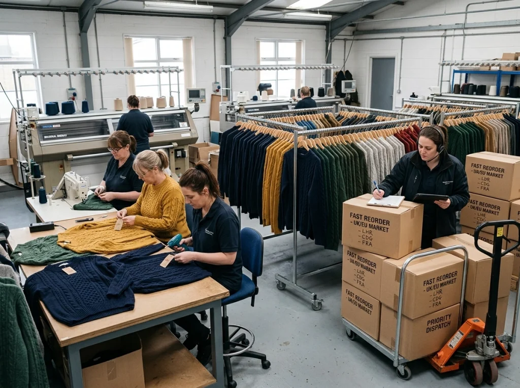 Nearshore knitwear factory preparing a fast replenishment order with finished sweaters, packed cartons, and a coordinator arranging immediate shipment.