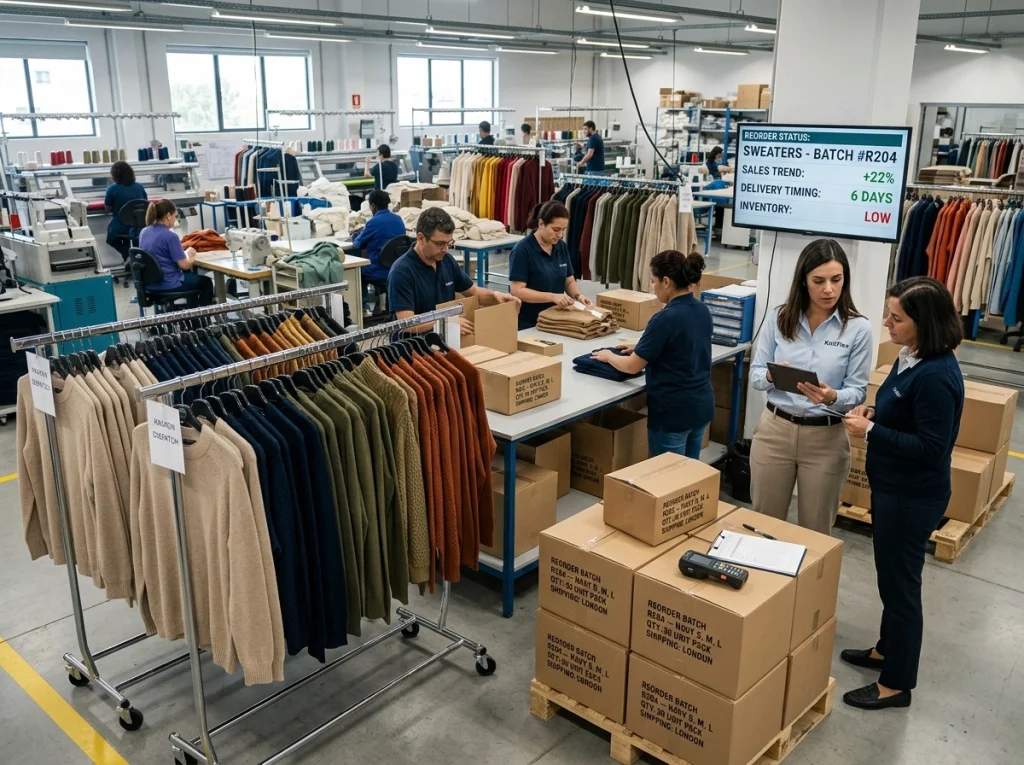 Nearshore knitwear team preparing a fast replenishment order with finished sweaters, packed cartons, and delivery coordination for in-season response.