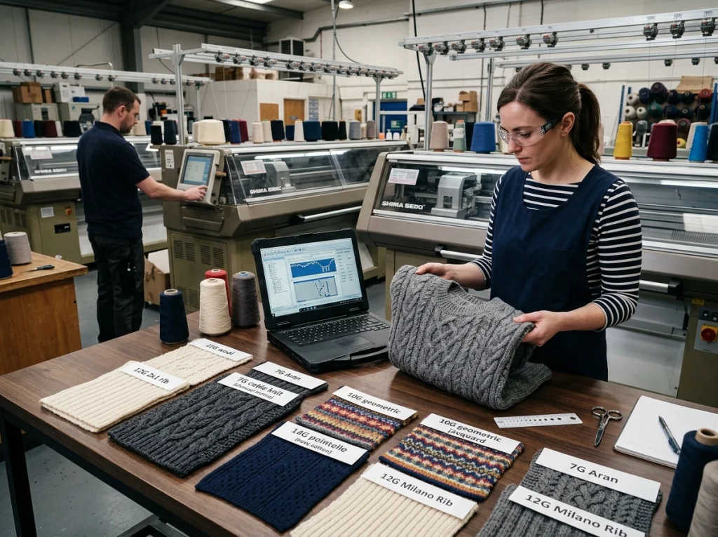 Knitted swatches in different gauges and stitch types on a worktable while a technician checks knitting programs in an OEM jumper factory.