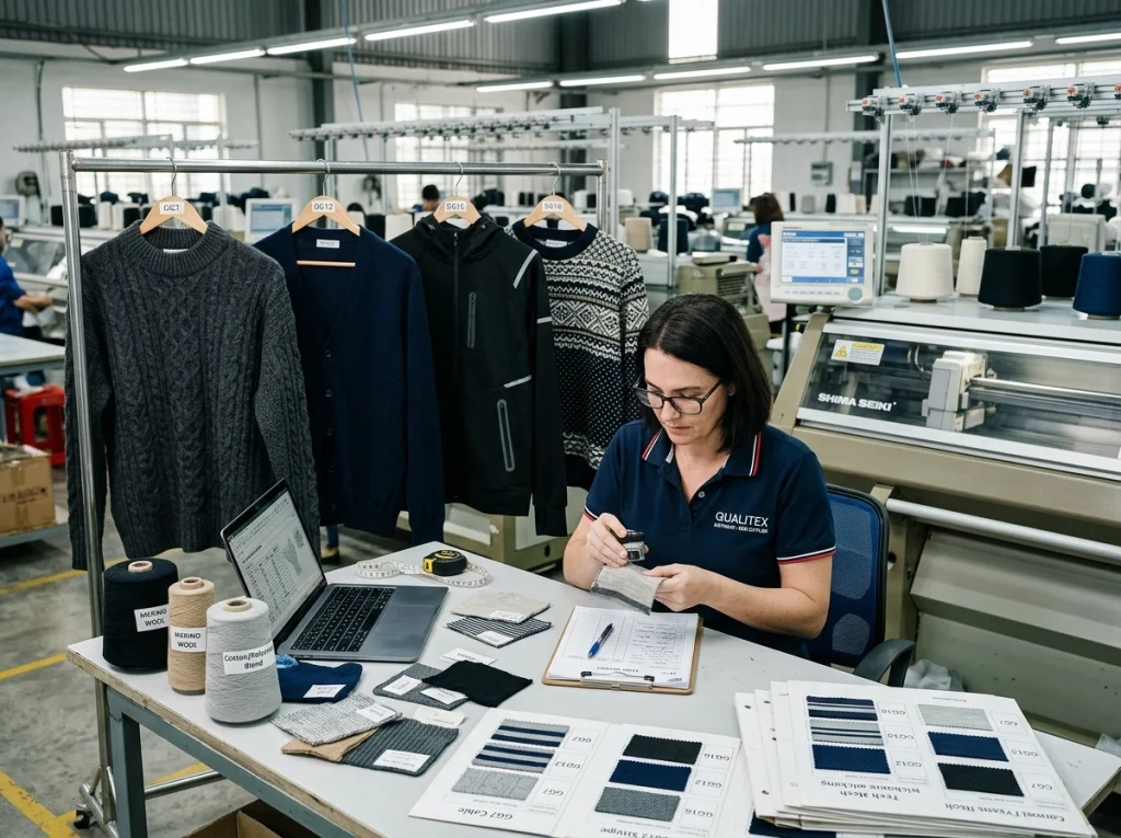 Factory technician reviewing knitwear categories, gauge swatches, and sweater constructions beside knitting machines