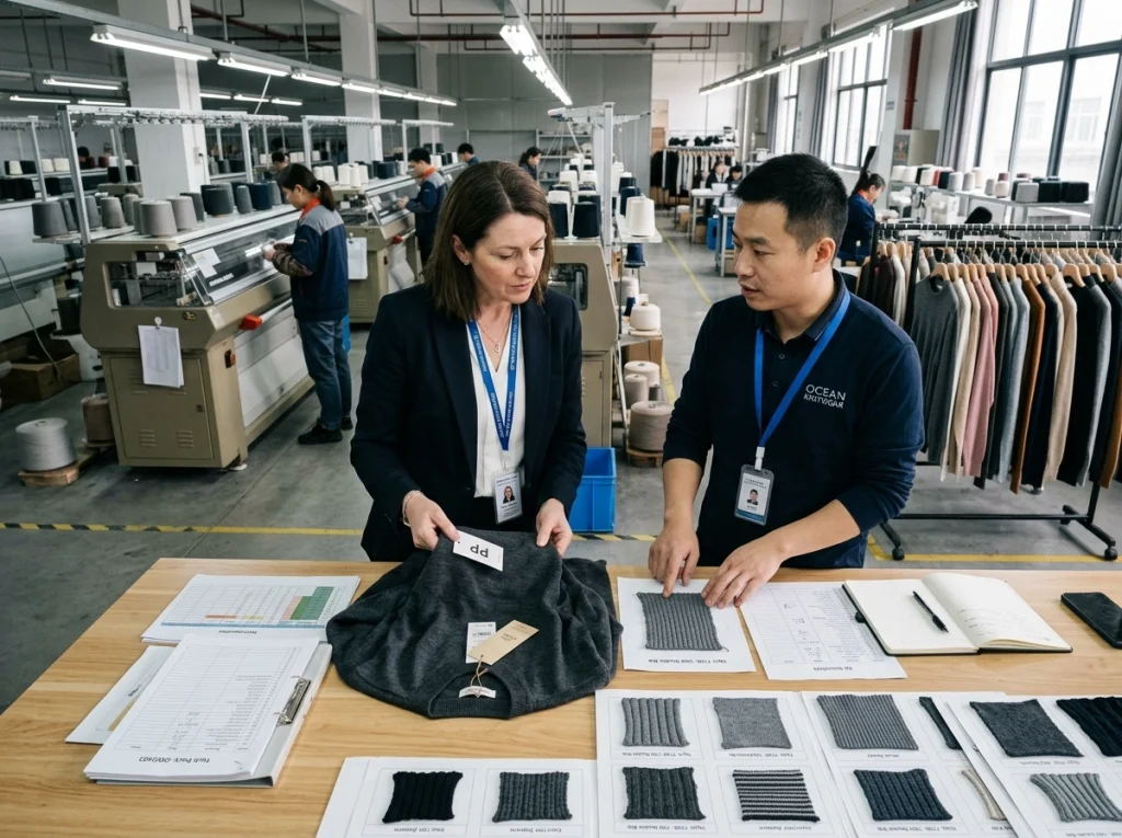 Overseas buyer tours an OEM sweater factory and reviews samples, stitch swatches, and factory documents with a supplier representative.