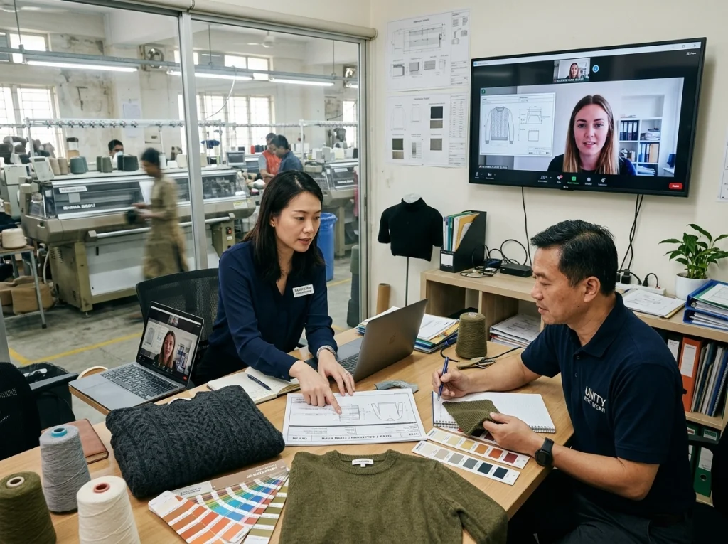 Factory merchandiser, technician, and overseas buyer discussing sweater production details during a video call near the production floor.