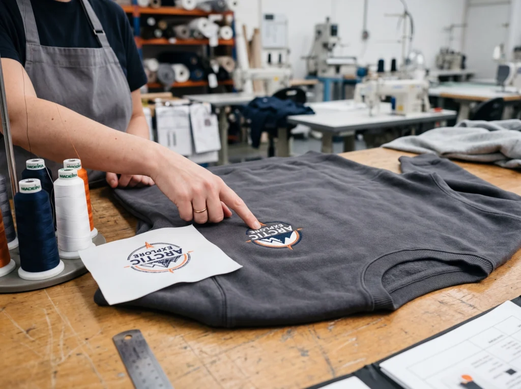 Factory technician reviews a premium sweatshirt with a small embroidered chest logo, thread cones, and embroidery backing samples on a worktable.