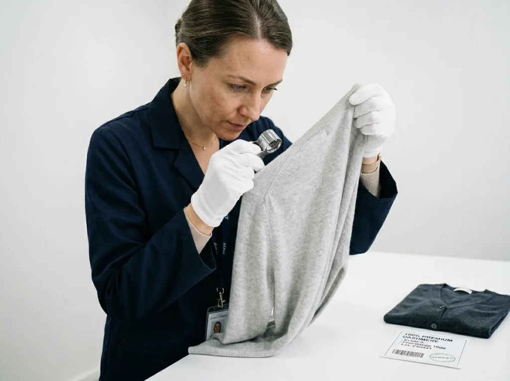 QC specialist holding and inspecting an ultra-fine 18-gauge cashmere knit top in a premium knitwear quality control room