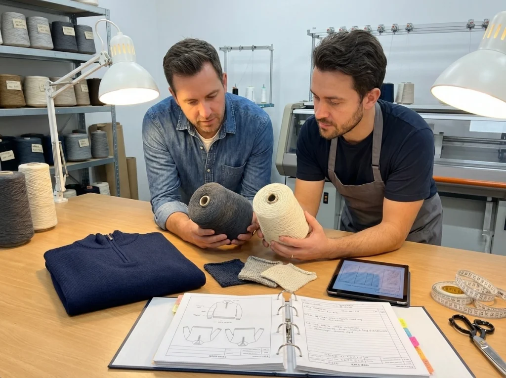 Product developer and knit technician evaluating premium yarns and sweater swatches for a mens half zip jumper.