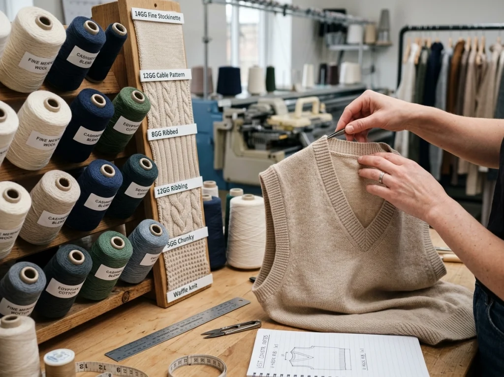 Technician examines sweater vest neckline construction, yarn cones, and knit swatches in different gauges and stitch structures.