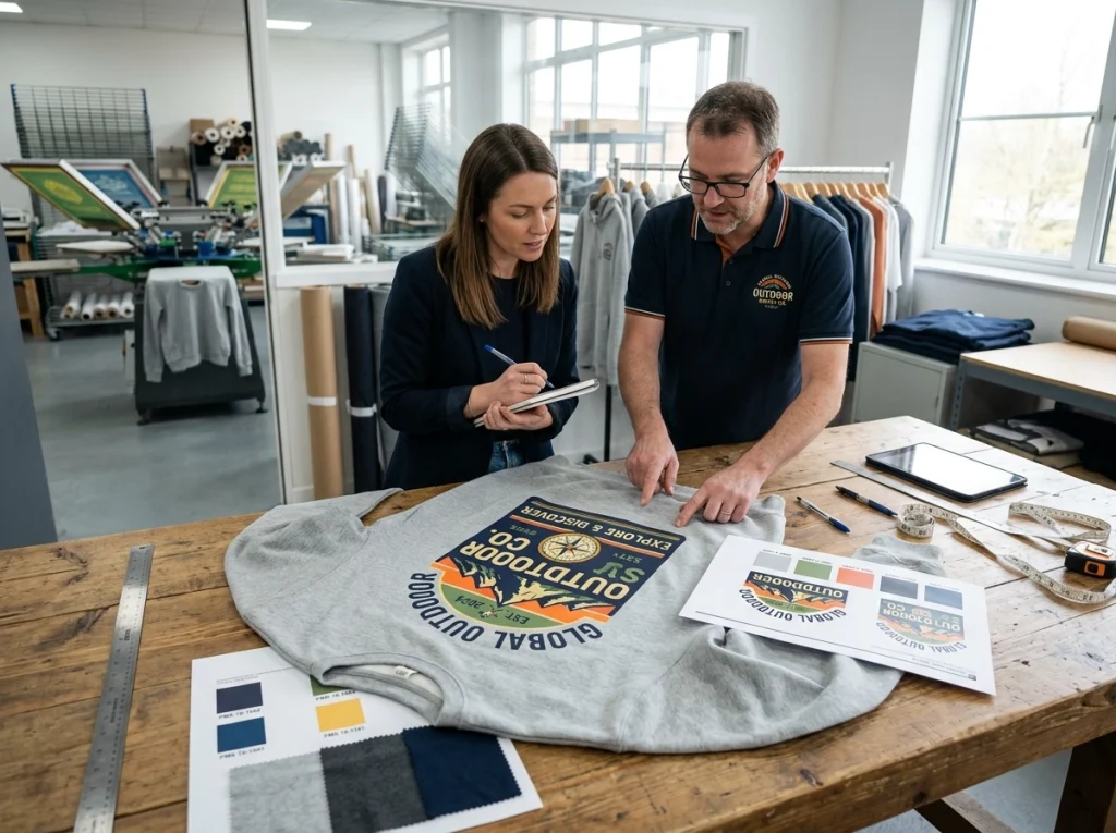 Buyer and technician review a sweatshirt with a large printed front graphic, color proofs, and fabric swatches in a print sampling area.