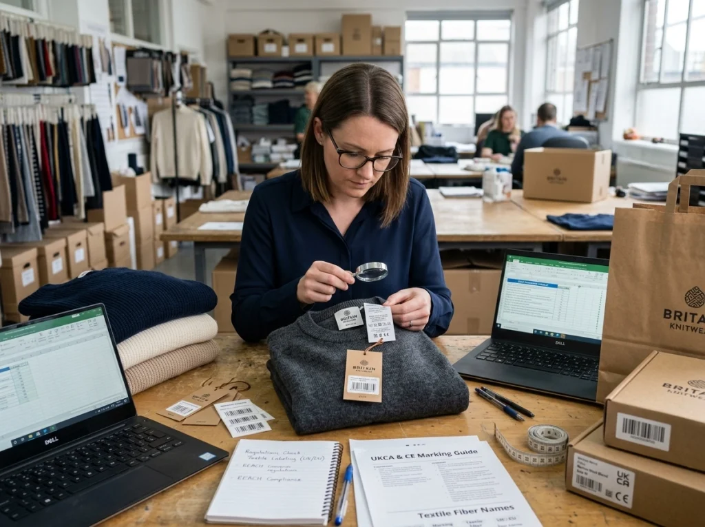 Compliance specialist reviewing care labels, fiber content labels, woven neck labels, hangtags, and barcode stickers for private label jumpers.