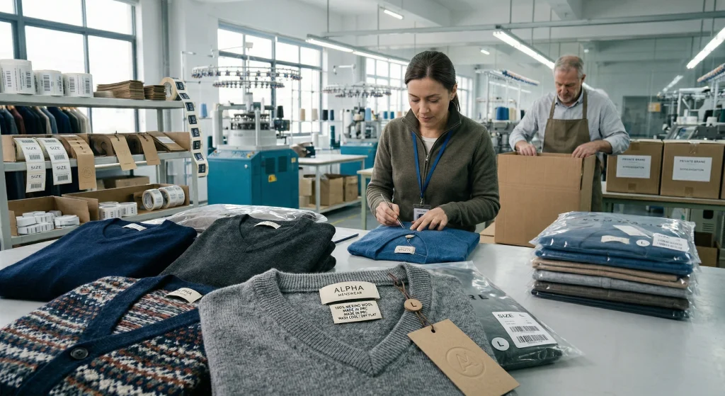 Factory staff checking branded knitwear labels, hangtags, polybags, and carton packing for private label mens sweaters.