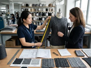 Technician and buyer checking a knitwear sample, yarn swatches, stitch panels, and measurement details in a sample room.