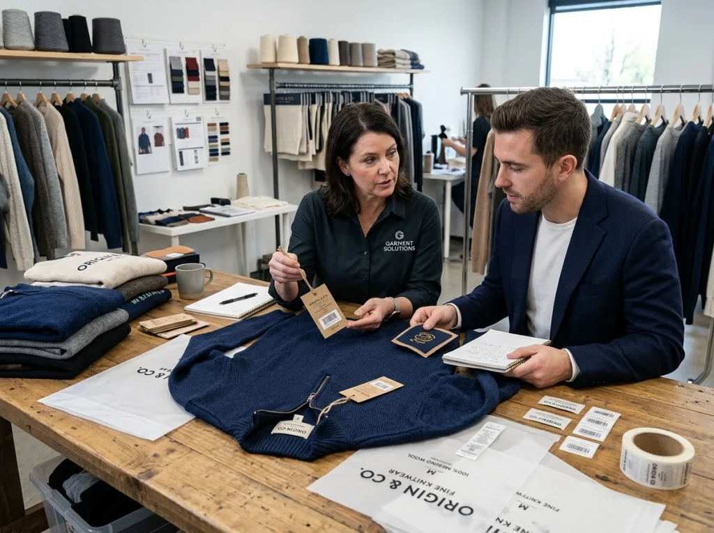 Private label mens knitwear setup with sweater sample, woven labels, hangtags, care labels, packaging materials, and branding review on a development table.
