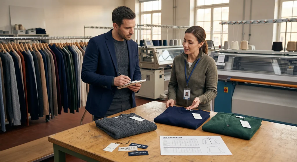 Menswear buyer and factory specialist reviewing private label knitwear samples, branded labels, and size specifications in a sample room.