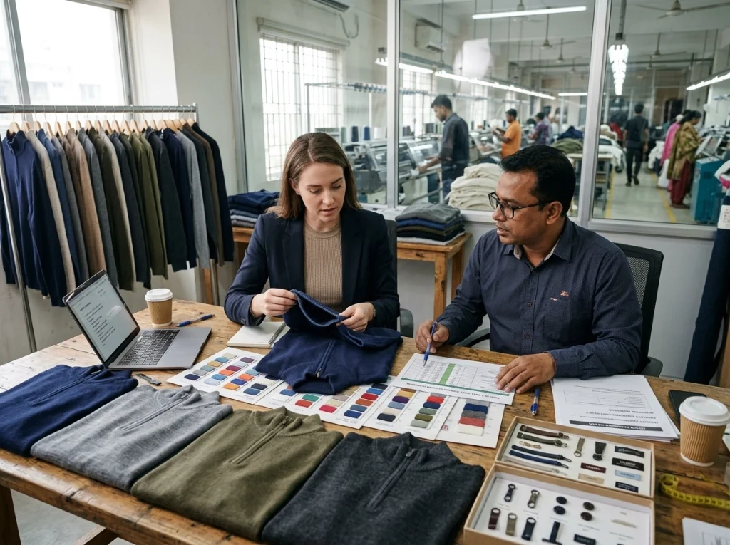 Buyer and factory account manager selecting men's half zip sweater samples with swatches, trims, and costing sheets on a worktable.