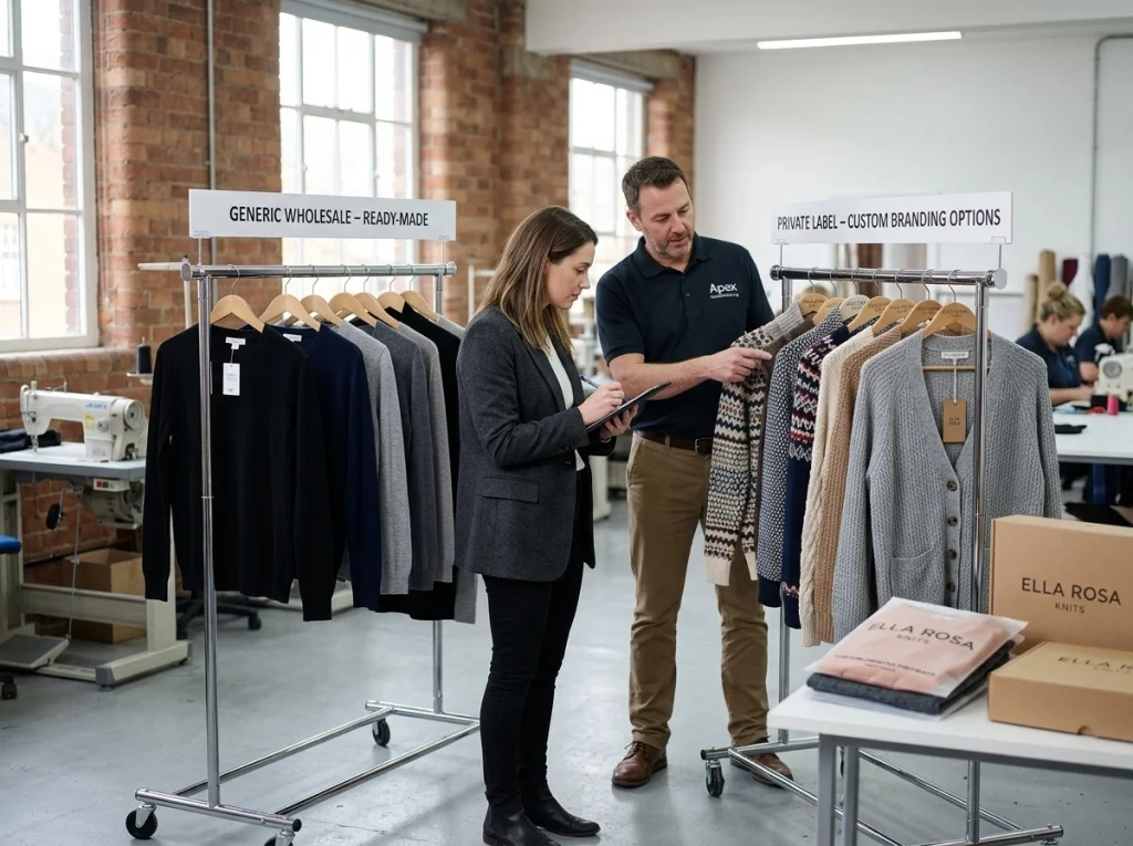 Comparison scene showing ready-made wholesale womens knitwear and private label knitwear with custom labels, branded tags, and packaging.