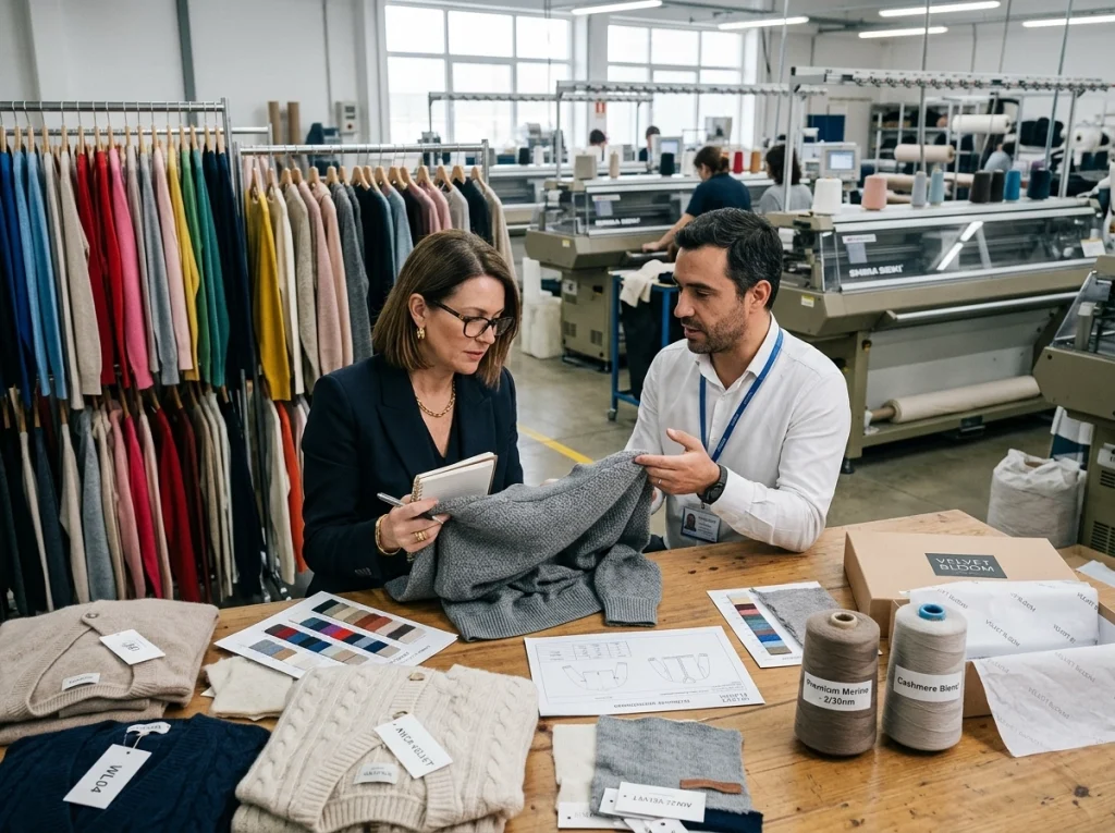 Retail buyer evaluating a private label womens knitwear supplier by reviewing sweater samples, yarn quality, and branded packaging inside a knitwear factory.