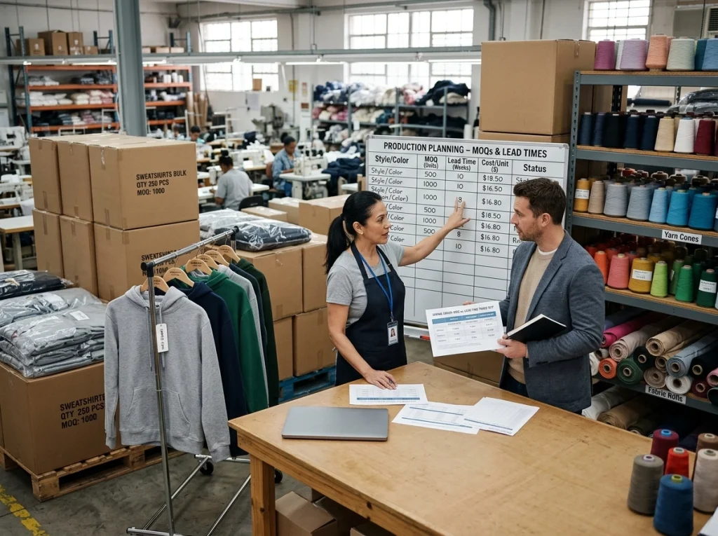 Production manager and buyer review sweatshirt order quantities, packed garments, cartons, and planning materials in a factory logistics area.