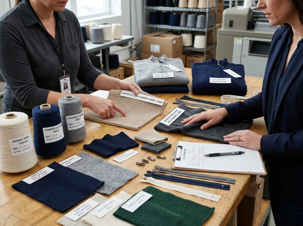 A knitwear technician and buyer comparing merino wool, cotton, and cashmere blend materials for quarter zip knitwear with swatches, yarn cones, and sample garments on a worktable.