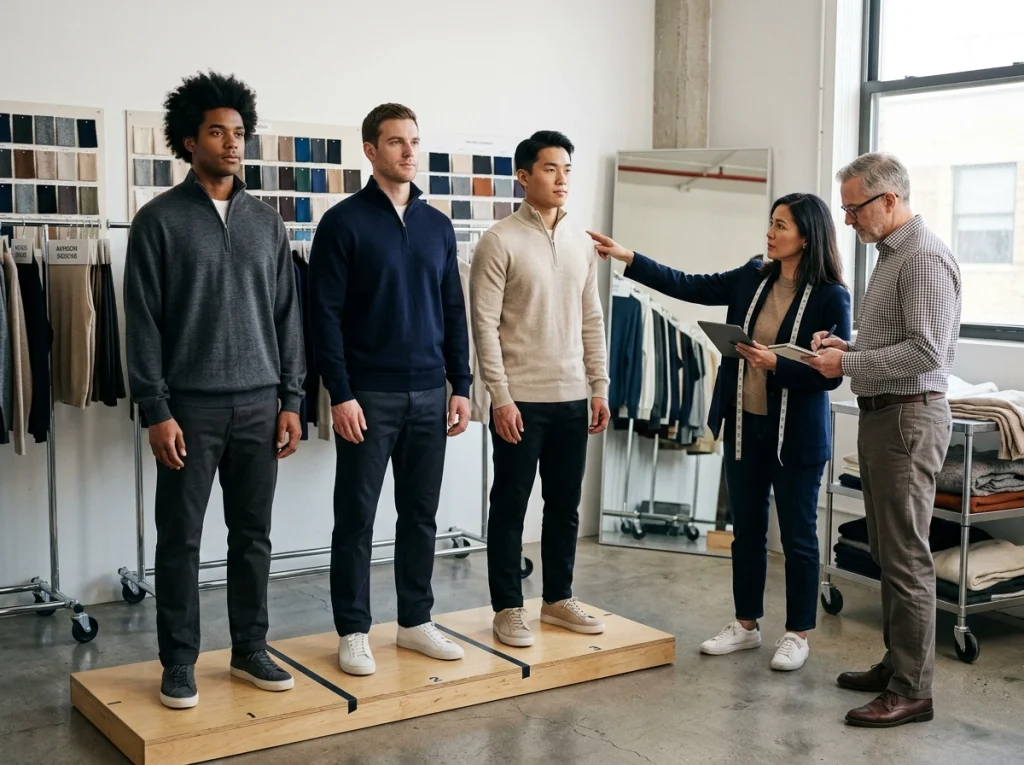 Three quarter zip knitwear fits shown side by side on models or mannequins, comparing relaxed, tailored-relaxed, and slim silhouettes in a professional fitting room.