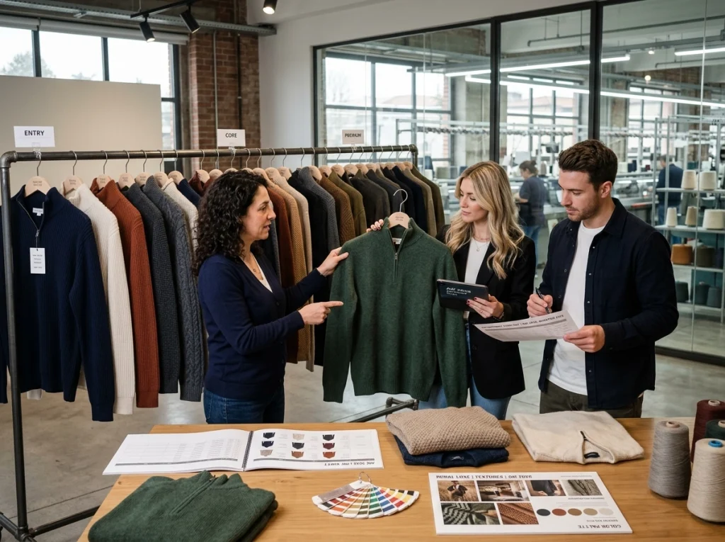 Retail buyers and a knitwear product manager planning a 2026 quarter zip knitwear collection with sample garments, swatches, and line sheets in a modern showroom.
