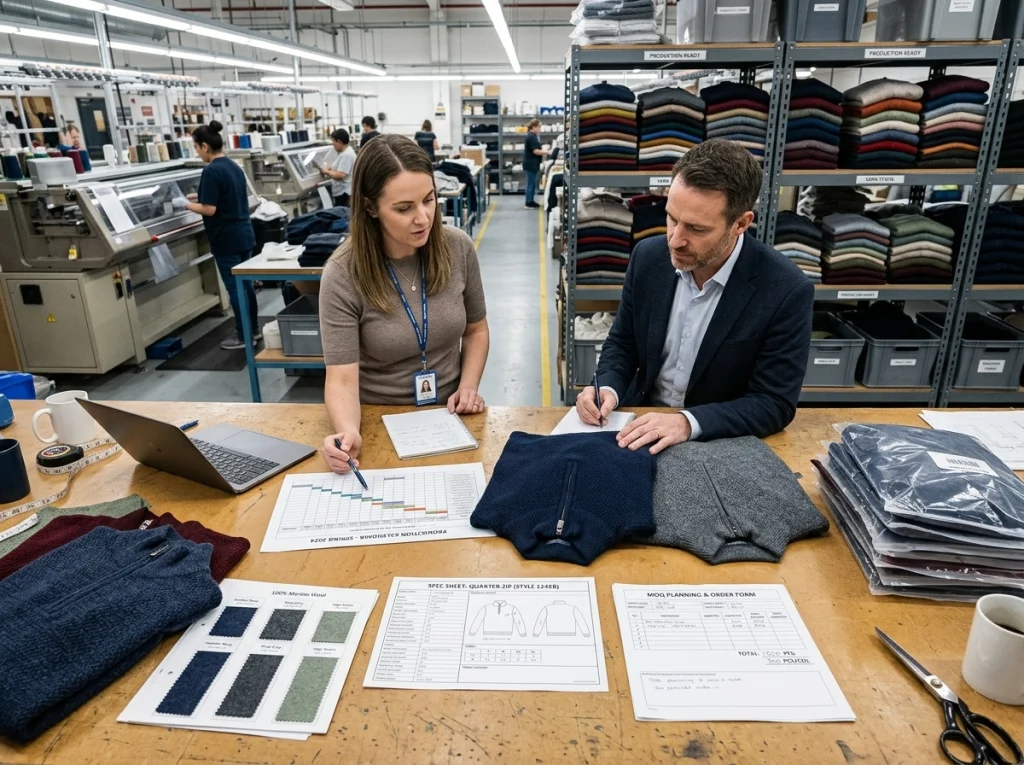 A factory merchandiser and buyer reviewing quarter zip knitwear samples, measurement sheets, yarn cards, and MOQ planning documents before bulk production.