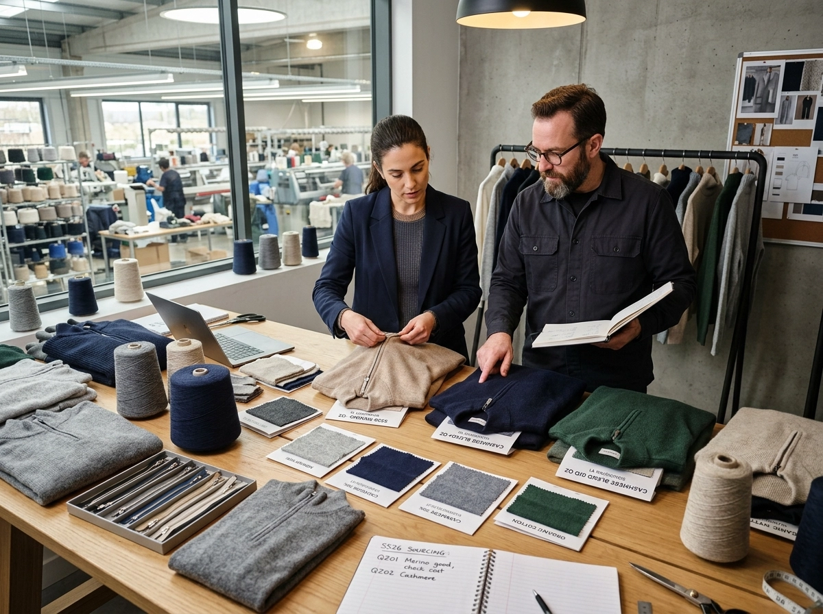Retail buyers and product developers comparing quarter zip knitwear samples in merino wool, cotton, and cashmere blend with yarn swatches and zipper trims in a professional factory sample room.