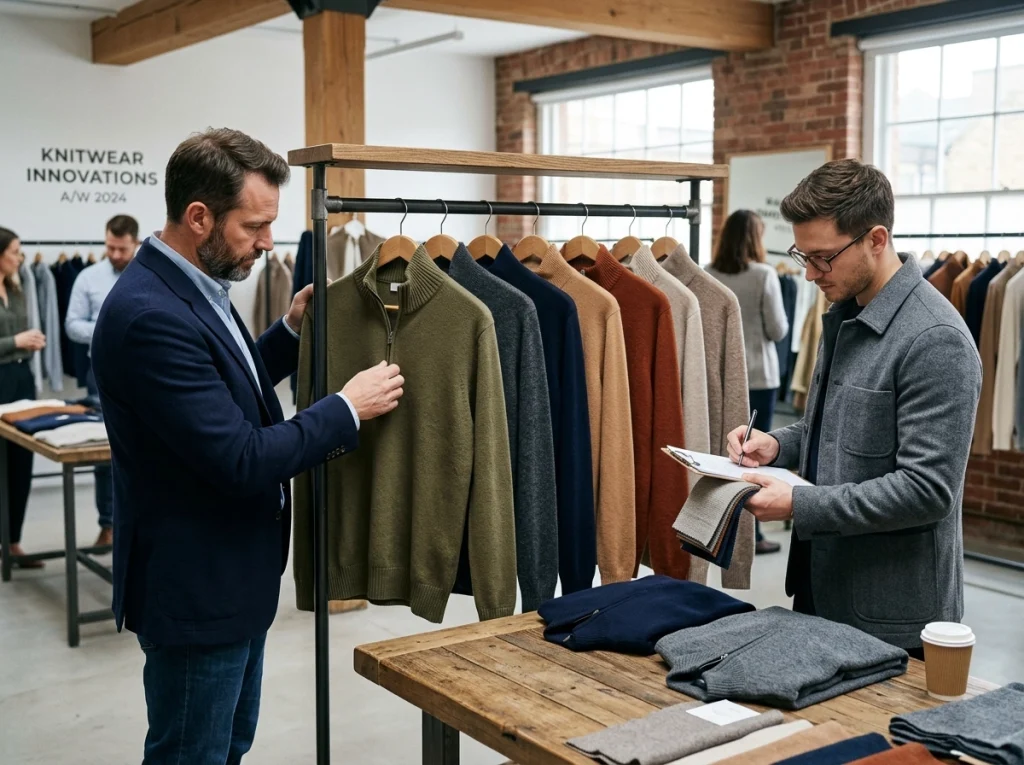 Mens quarter-zip and zip-neck sweaters displayed in a premium showroom as buyers review colors, fabrics, and commercial styling direction.