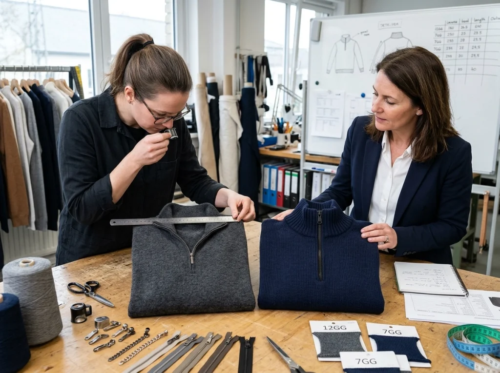 A knit technician reviewing fine-gauge and mid-gauge quarter zip sweater samples with different collar shapes and zipper hardware in a technical development room.