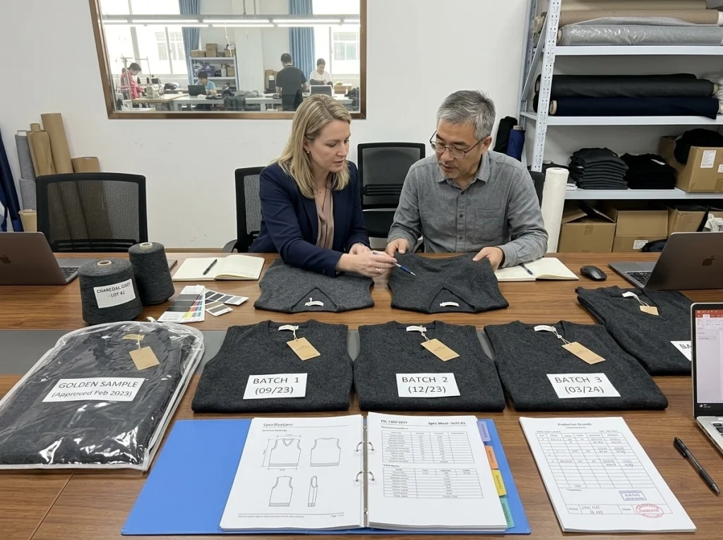 Buyer and factory manager compare repeat-order sweater vest samples, yarn references, and production records to confirm consistency across batches.
