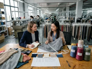 Buyer and factory merchandiser review sweater samples, yarn swatches, and production documents inside a knitwear factory.