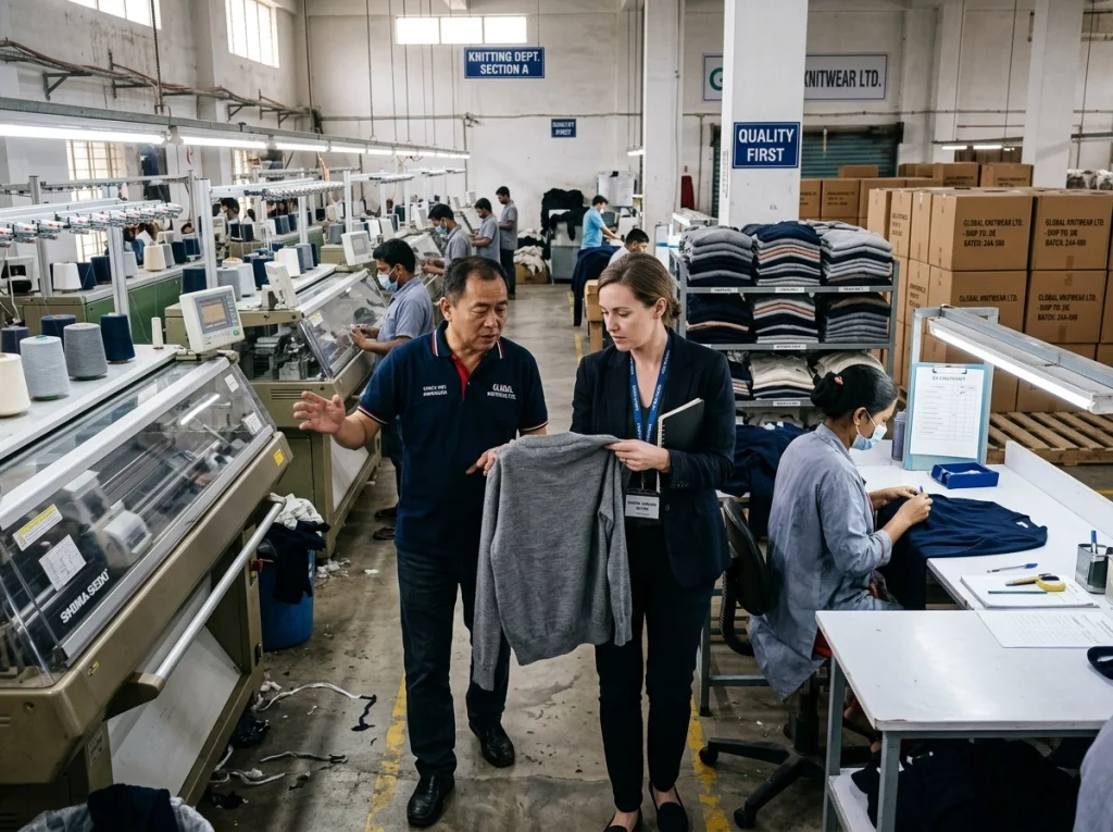 Buyer and factory manager walking through a sweater production line while reviewing machines, garments, QC points, and packed cartons.
