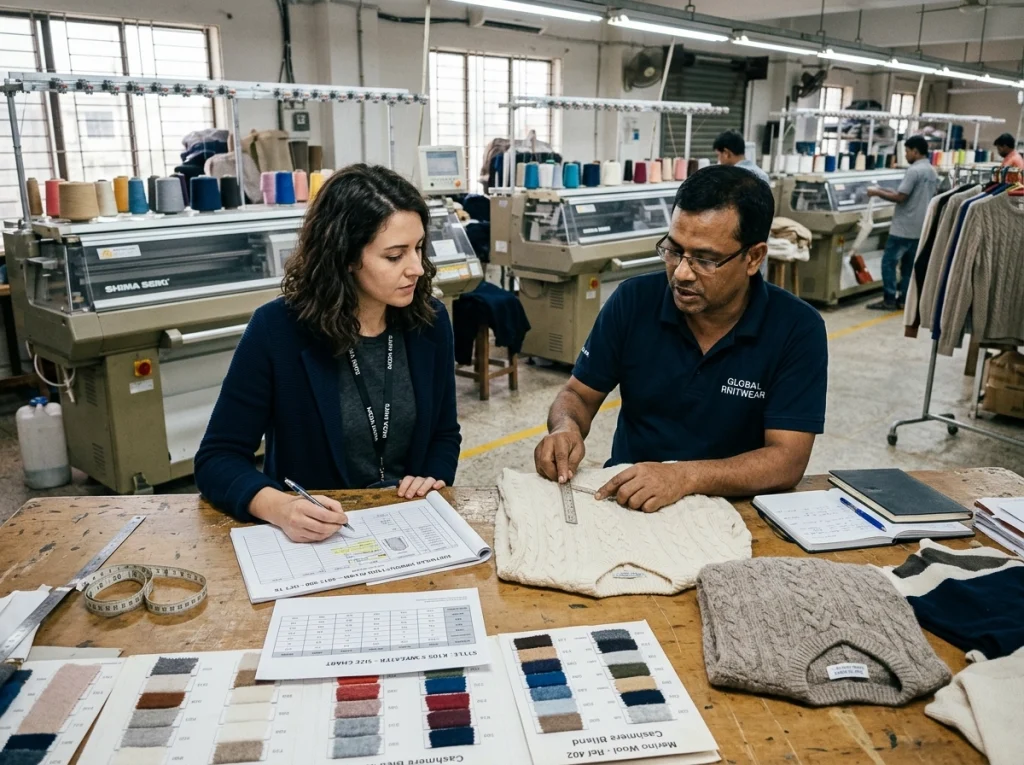 Procurement manager and factory technician reviewing sweater samples, yarn swatches, and production specifications inside a knitwear factory