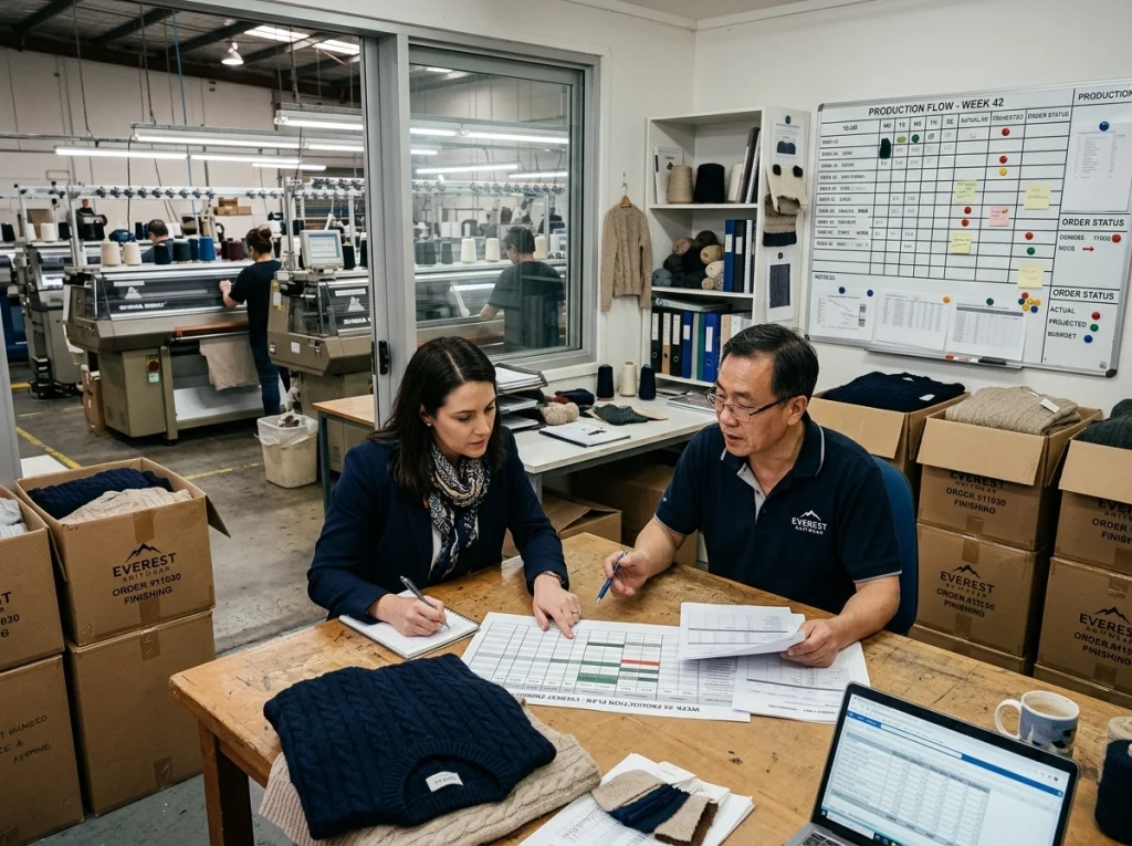 Buyer and factory manager compare production schedules and sweater orders beside an active knitwear production floor.