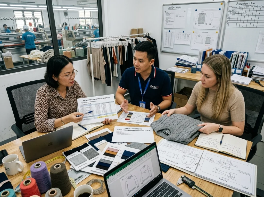 Procurement manager, factory merchandiser, and knitwear developer discussing sweater costs, tech packs, and sample comments in a sourcing meeting.