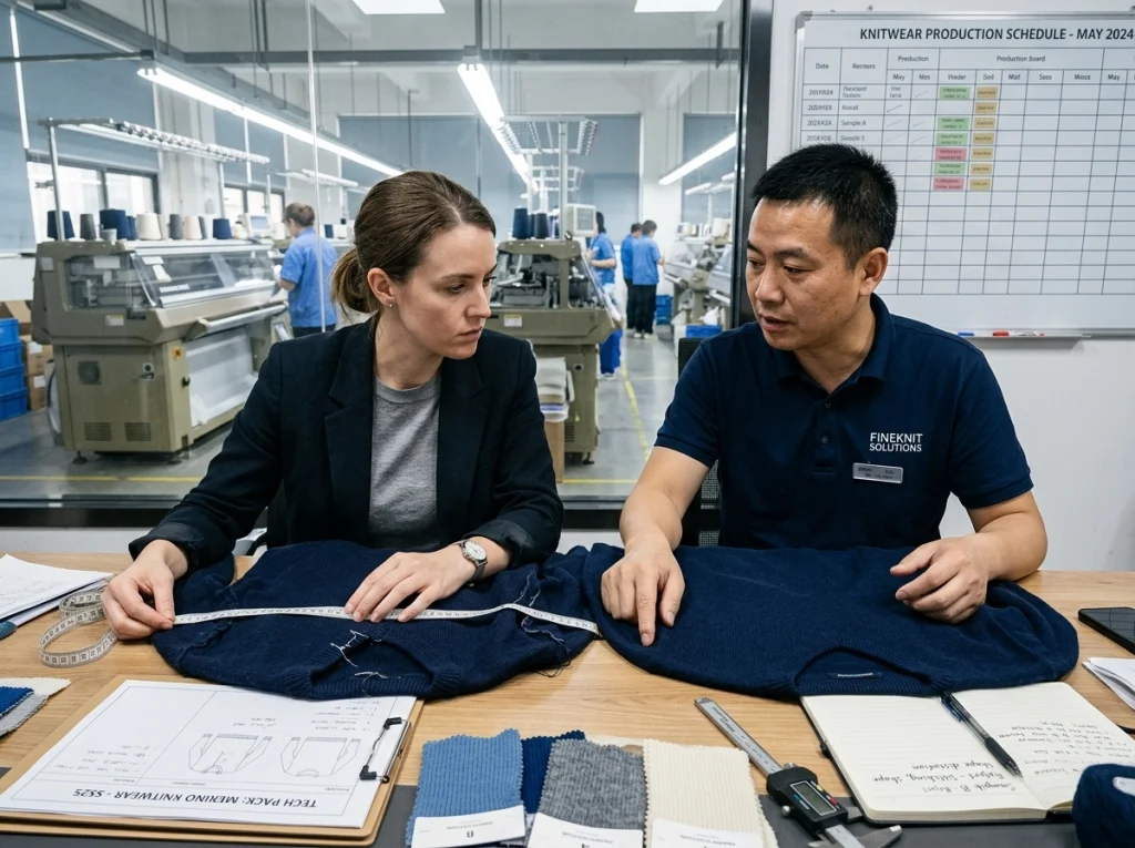 Buyer and factory merchandiser comparing a well-made sweater sample with a flawed one during supplier evaluation.