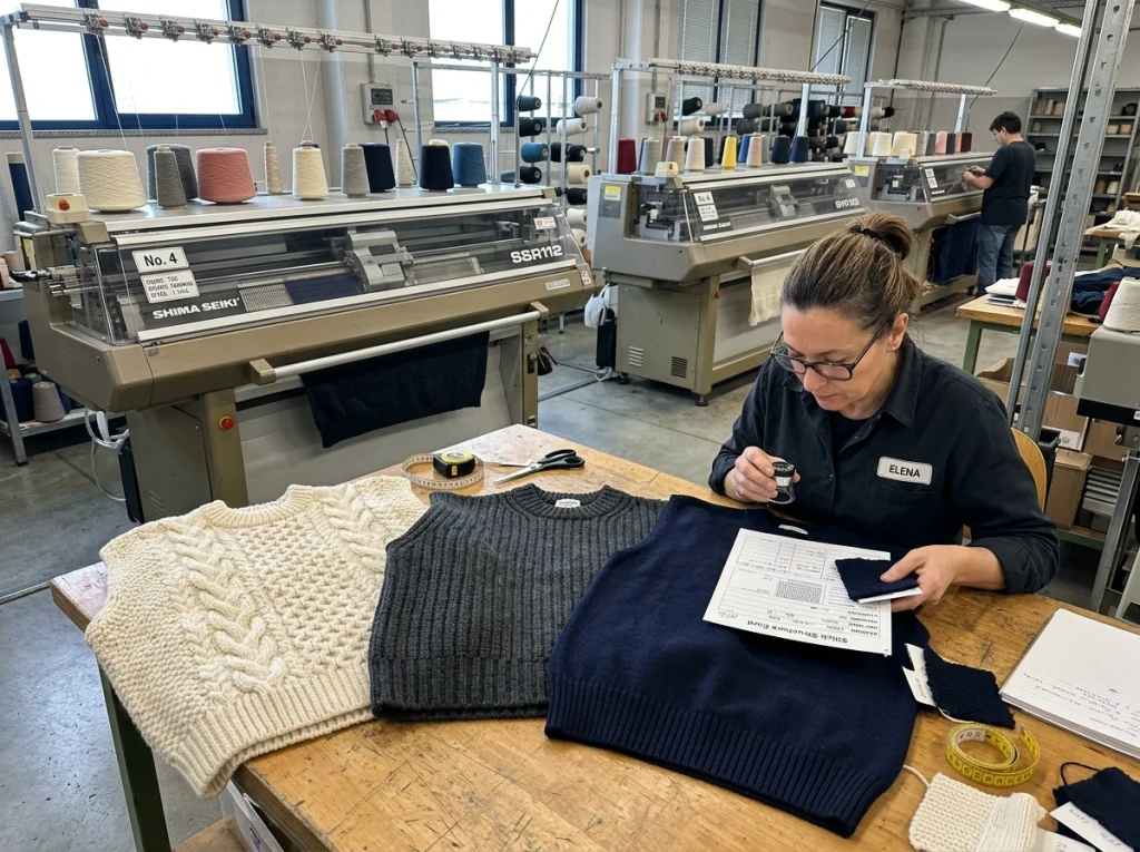 Knitwear technician reviews sweater panels in different gauges and stitch structures beside flat-bed knitting machines.