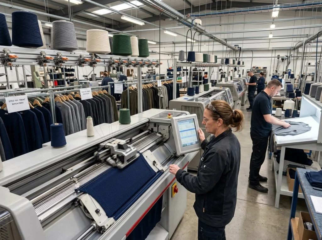 Computerized flat knitting machines producing sweater panels while operators monitor settings on a busy knitwear factory floor.
