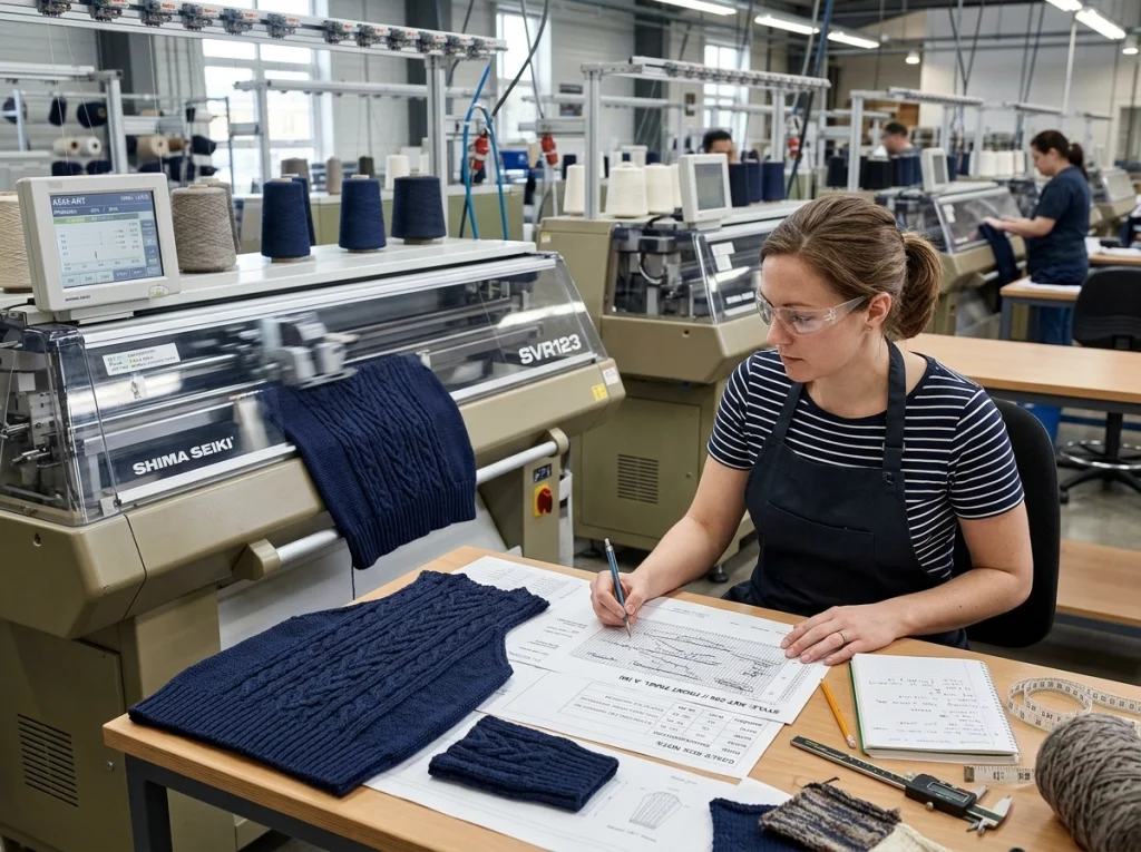 Pattern engineer working beside computerized knitting machines with sweater panels, size grading notes, and stitch development samples
