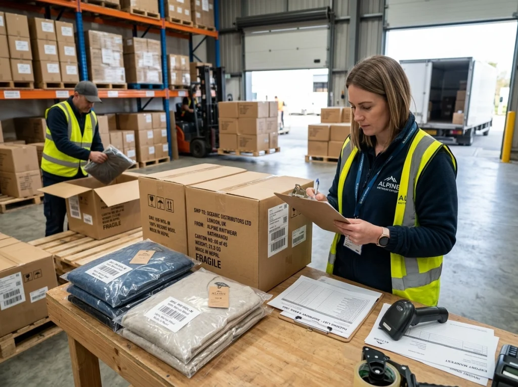 Export-ready sweaters in polybags and cartons with barcode labels while a logistics coordinator checks packing lists and shipping documents.