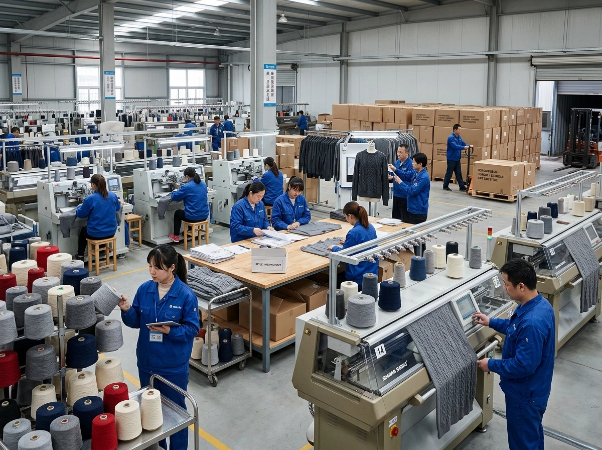 Inside a China sweater factory showing yarn, knitting machines, technicians, quality inspection, and packed knitwear ready for shipment