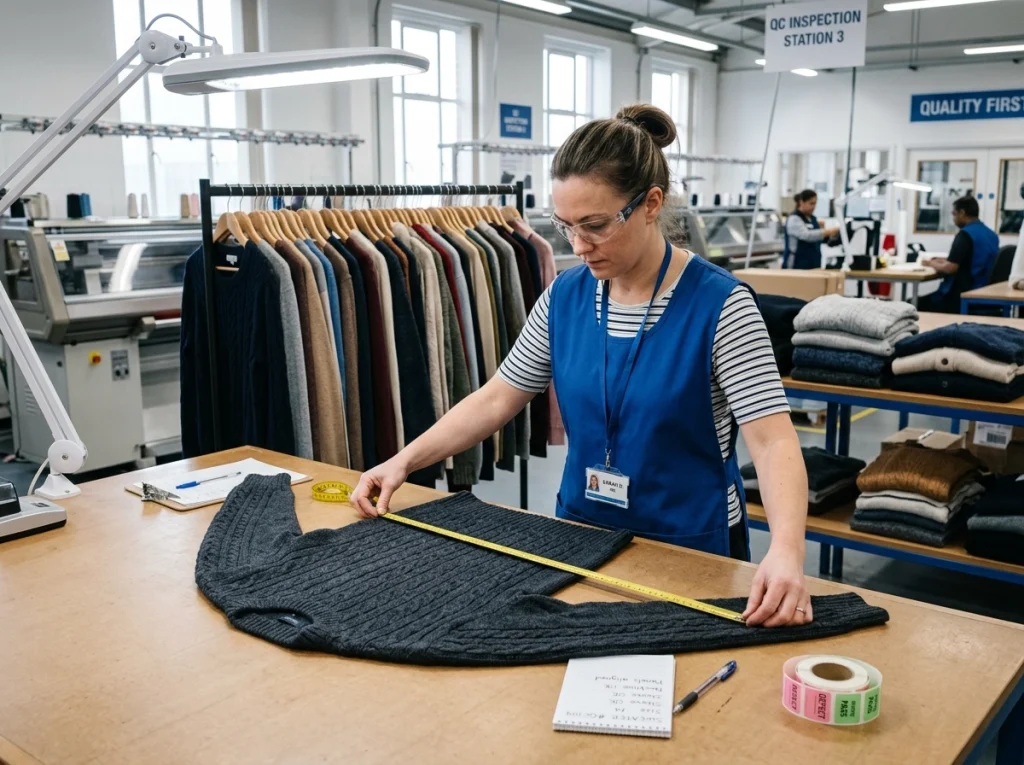 QC inspector measuring a finished sweater and checking seams in a knitwear factory inspection area.