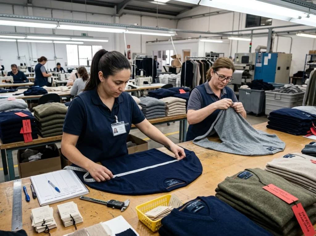 Quality control inspectors check sweater measurements, seams, and finishing under bright inspection lights in a factory.