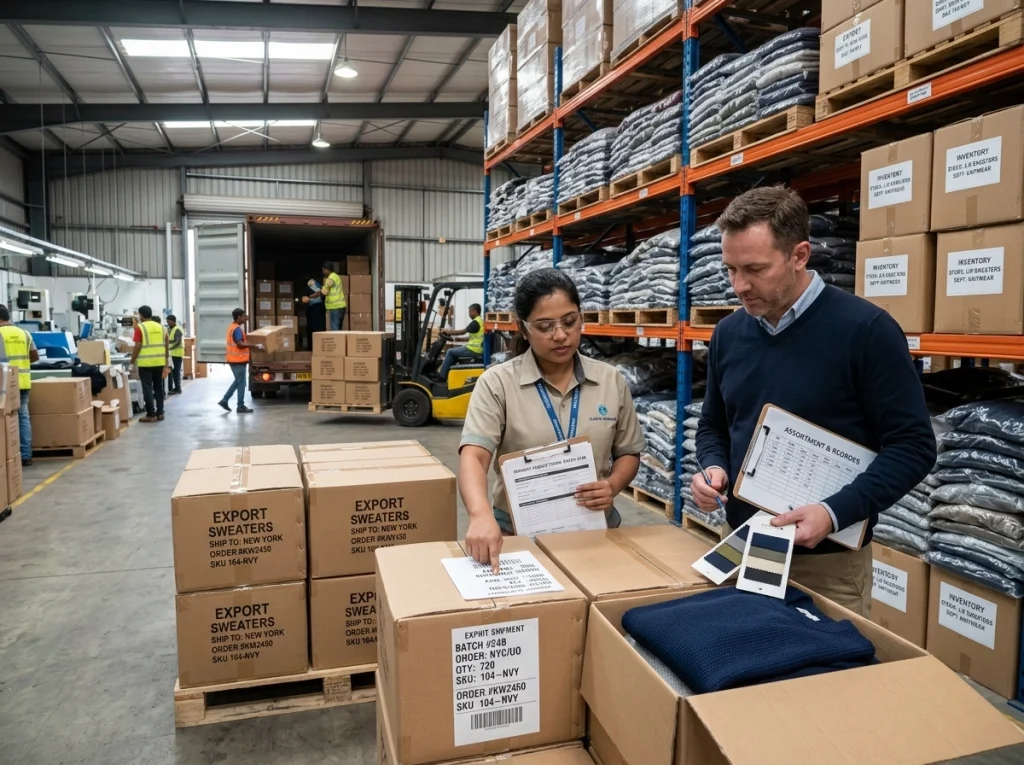 Factory coordinator and buyer reviewing packed sweater cartons, shipment labels, and reorder documents in a warehouse.