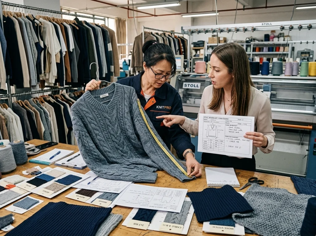 Technician and product developer reviewing a sweater proto sample with yarn swatches and measurement tools in a sample room.
