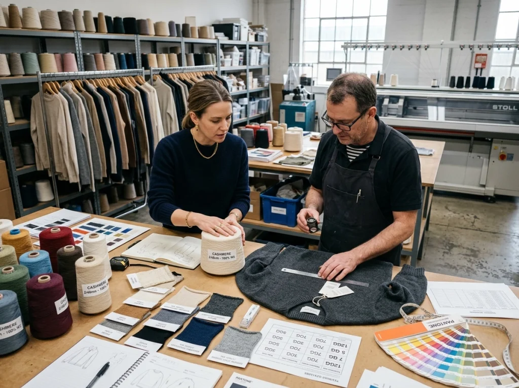 Sweater factory sample room with yarn cones, knit swatches, gauge cards, and technicians reviewing a prototype before production.
