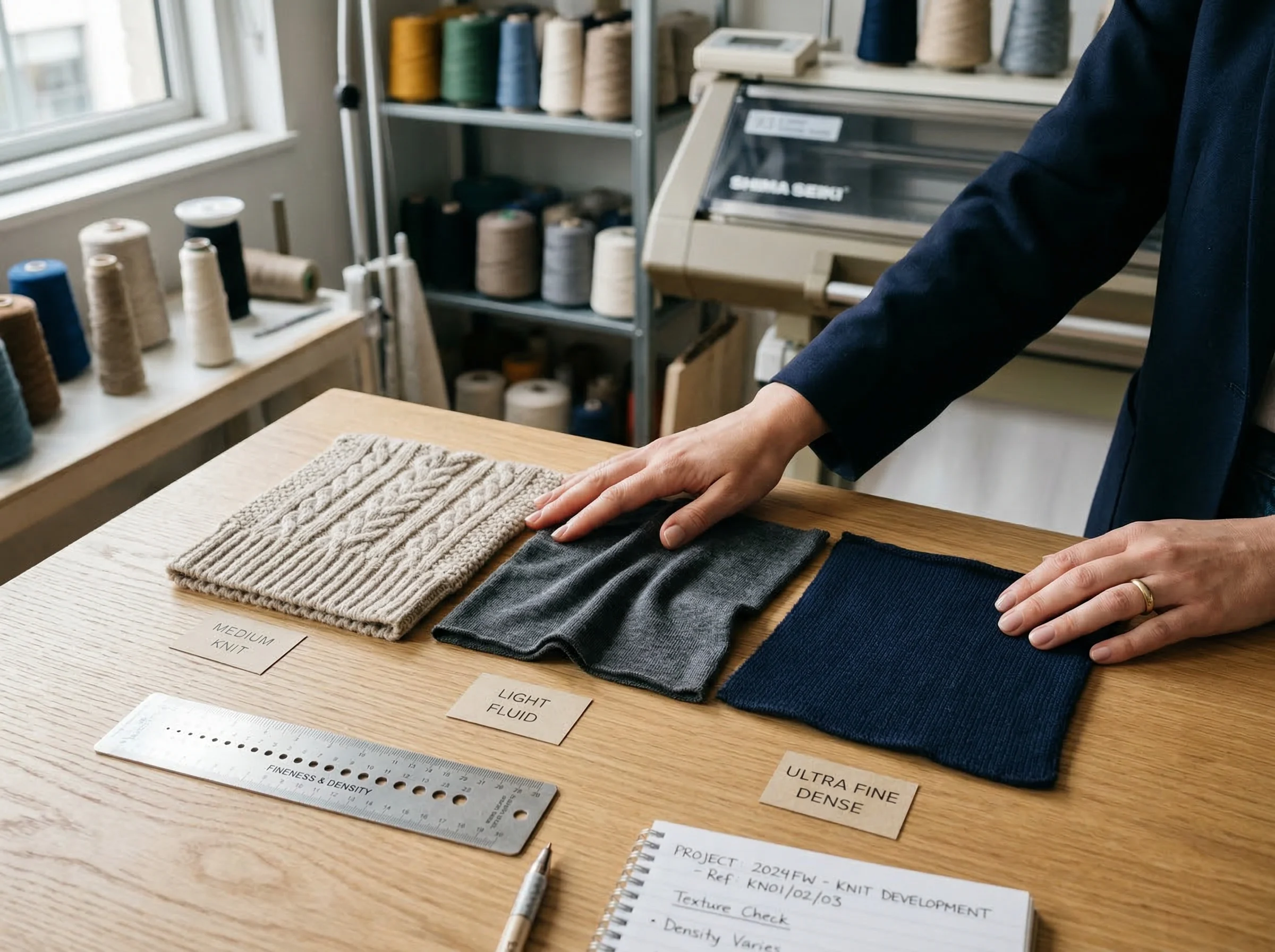 Three knitted fabric swatches with different gauge densities compared on a custom sweater development worktable